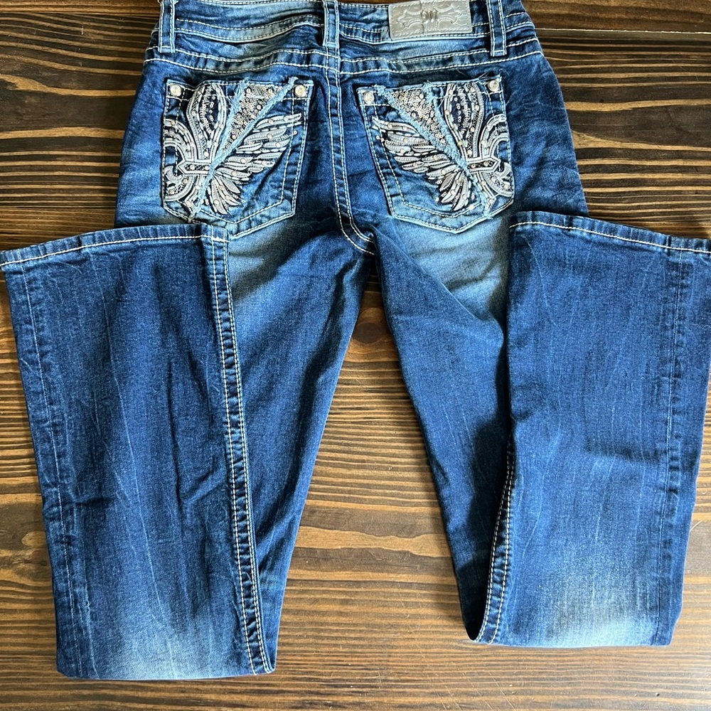 Miss Me Boot Cut Medium Blue Jeans with Distressed Details